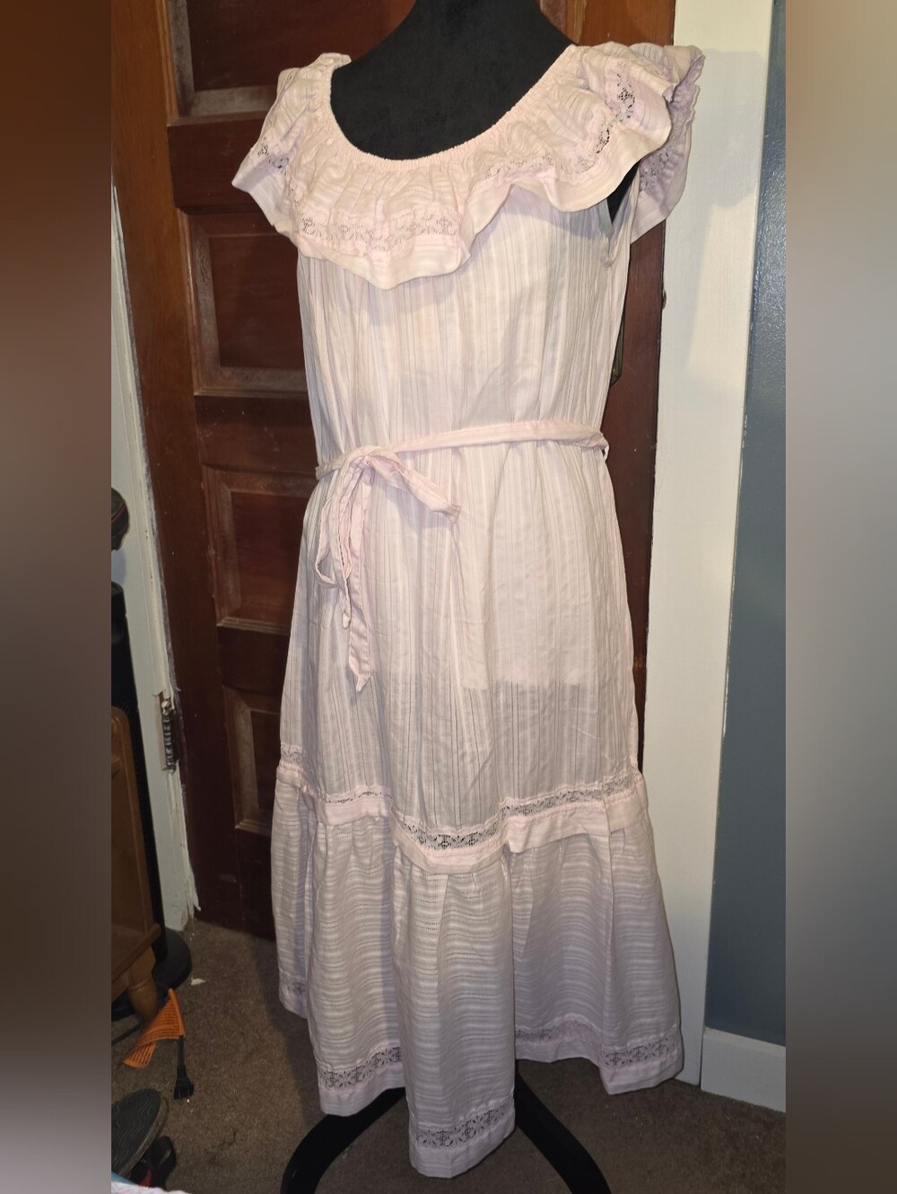 Miss Dira Light Pink Ruffle Midi Dress with Belt